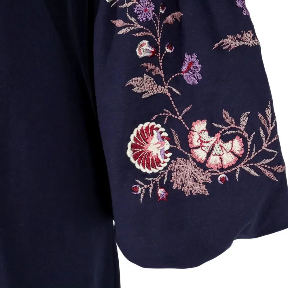 Loft Dress Womens Small Navy Blue Embroidered Bell Slv Stretch Cotton Knit New